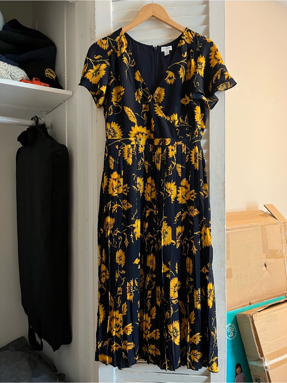 J. Crew Navy Midi Dress with Yellow Floral Pattern